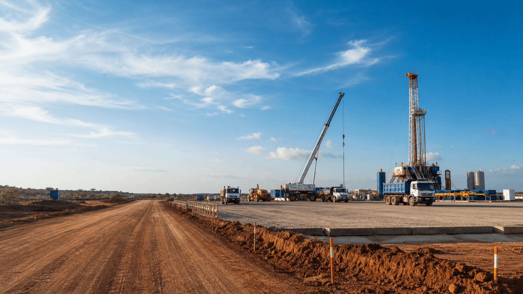 Prepared rig pad with access road, support trucks, lifting equipment, and land rig