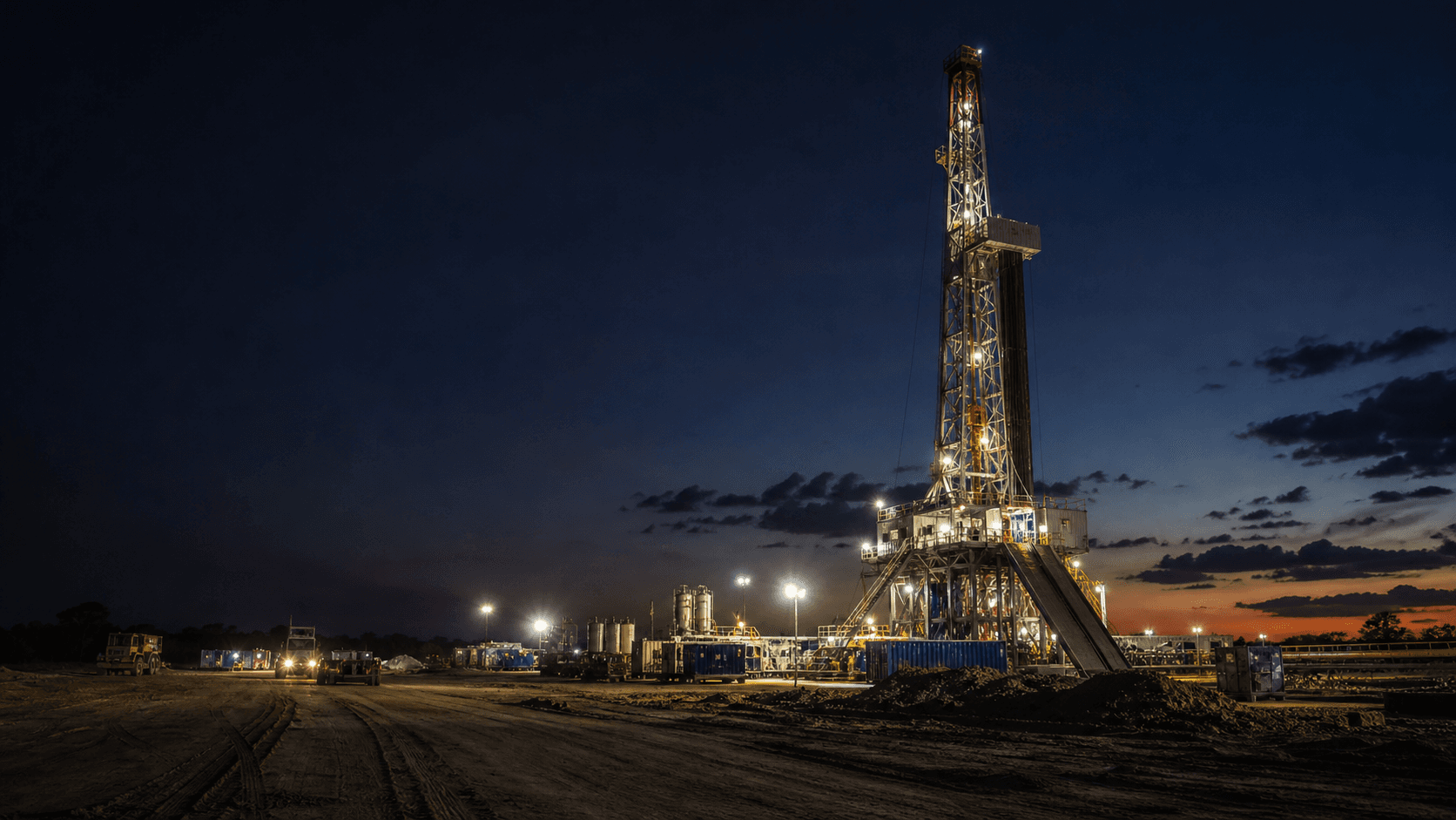 Land drilling rig operating on a prepared oilfield location at dusk
