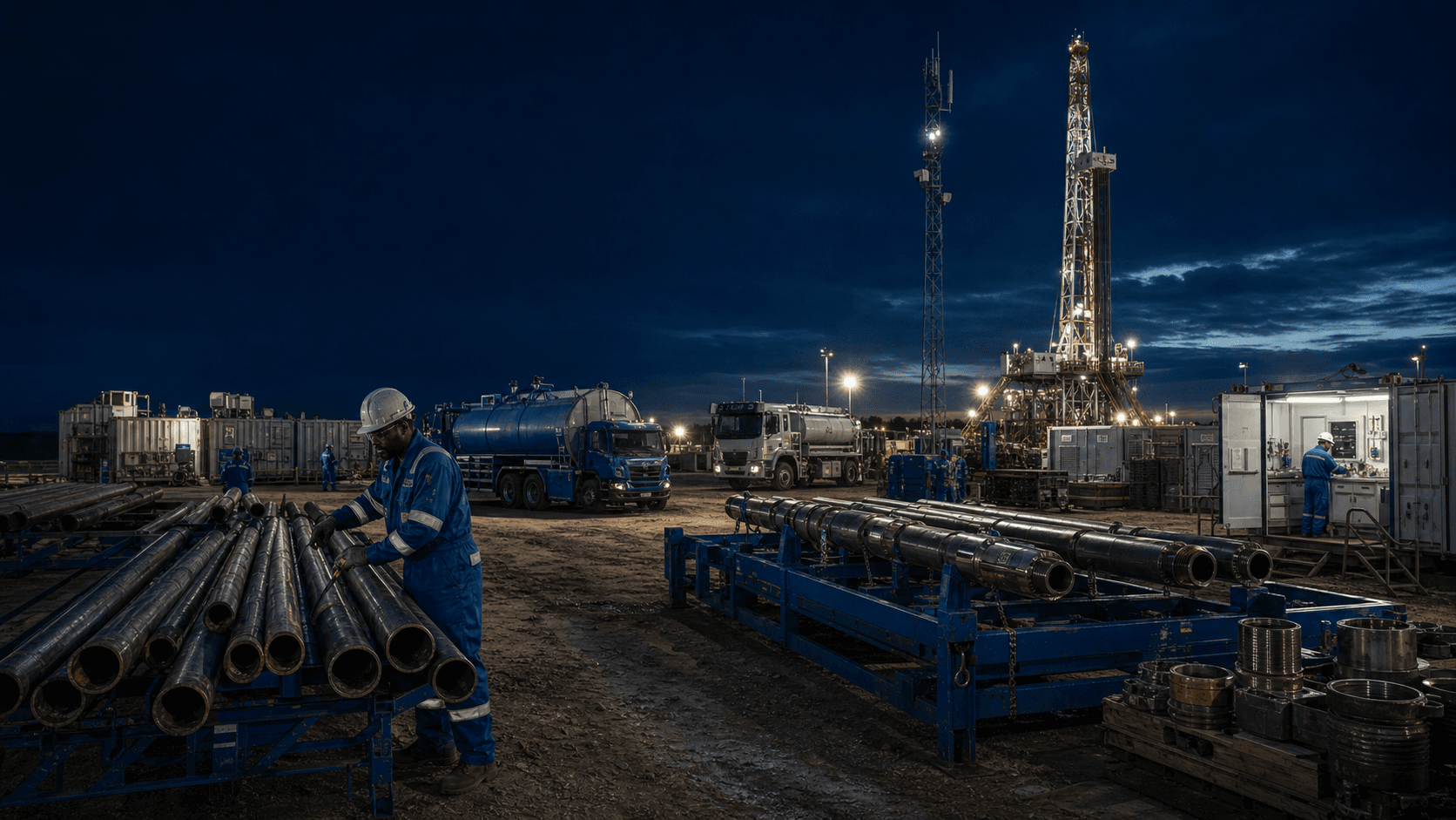 Ancillary drilling support yard with tubulars, logistics, and field lab