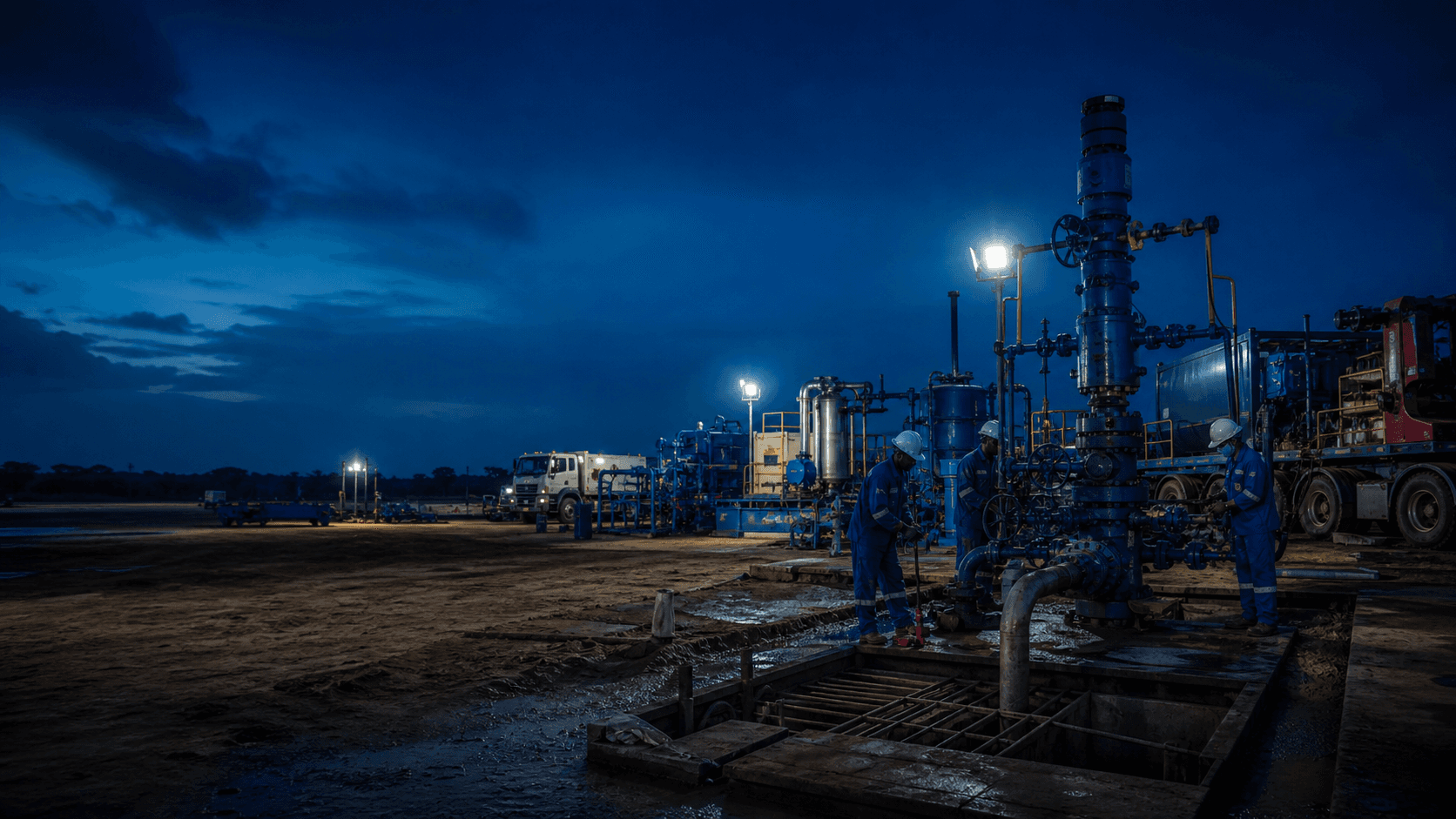 Integrated well services equipment at blue hour