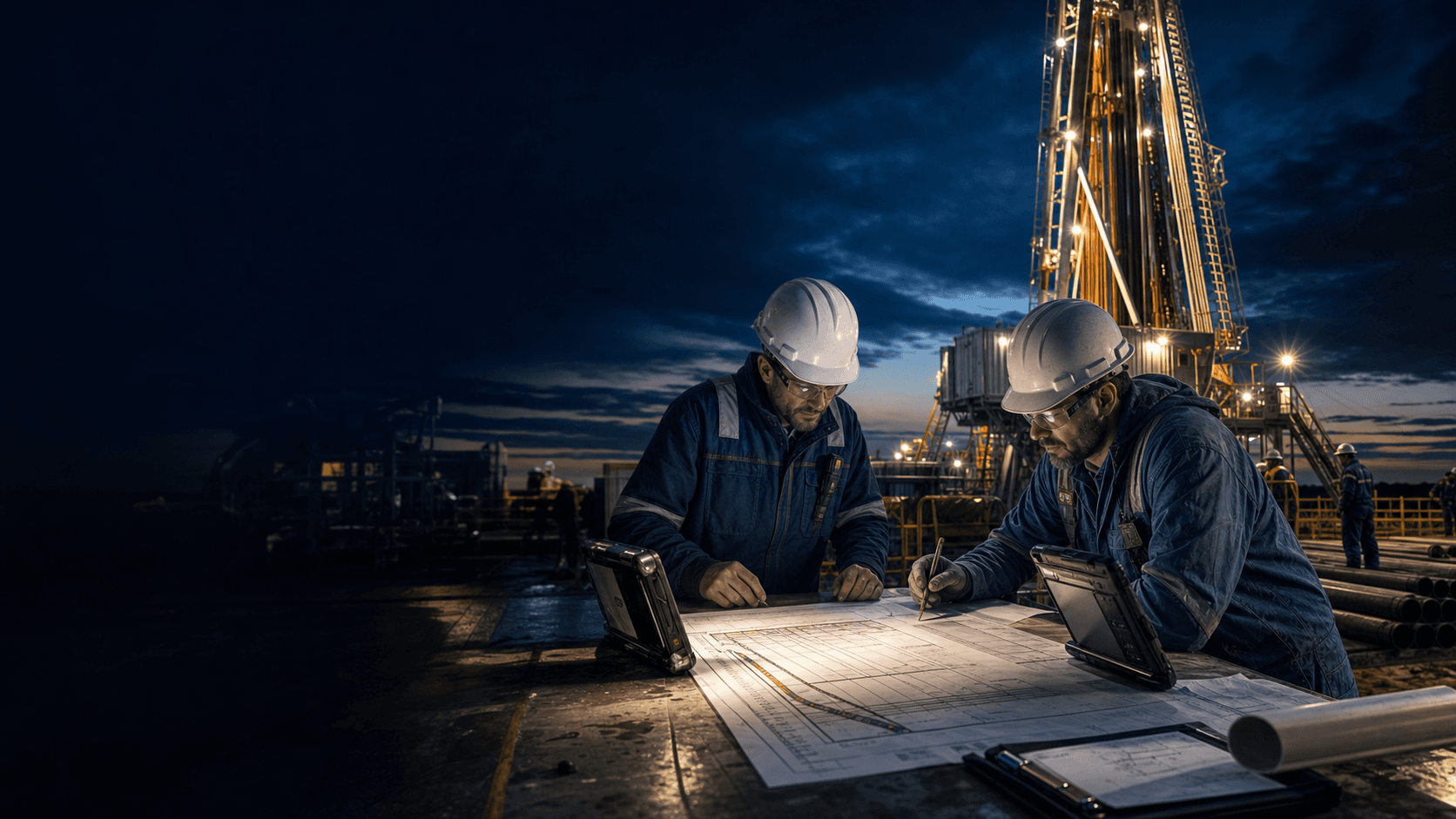 Field engineers reviewing drilling design beside a rig