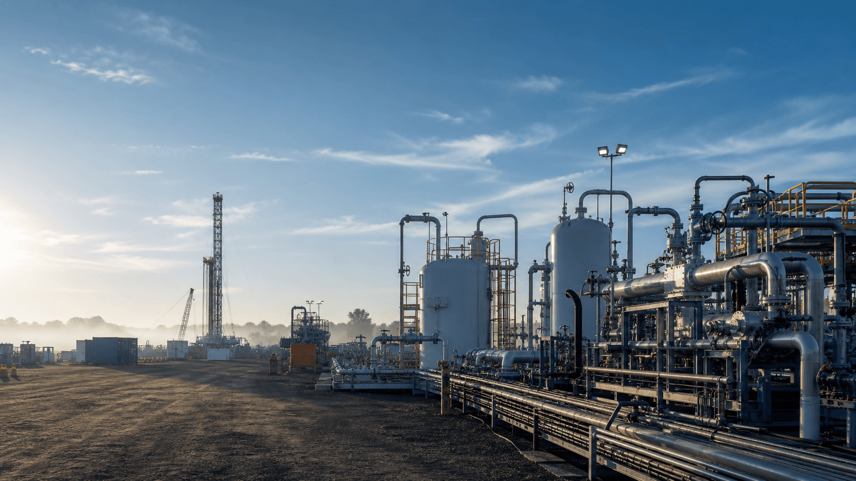 Well testing equipment and pipework staged on an organized oilfield location